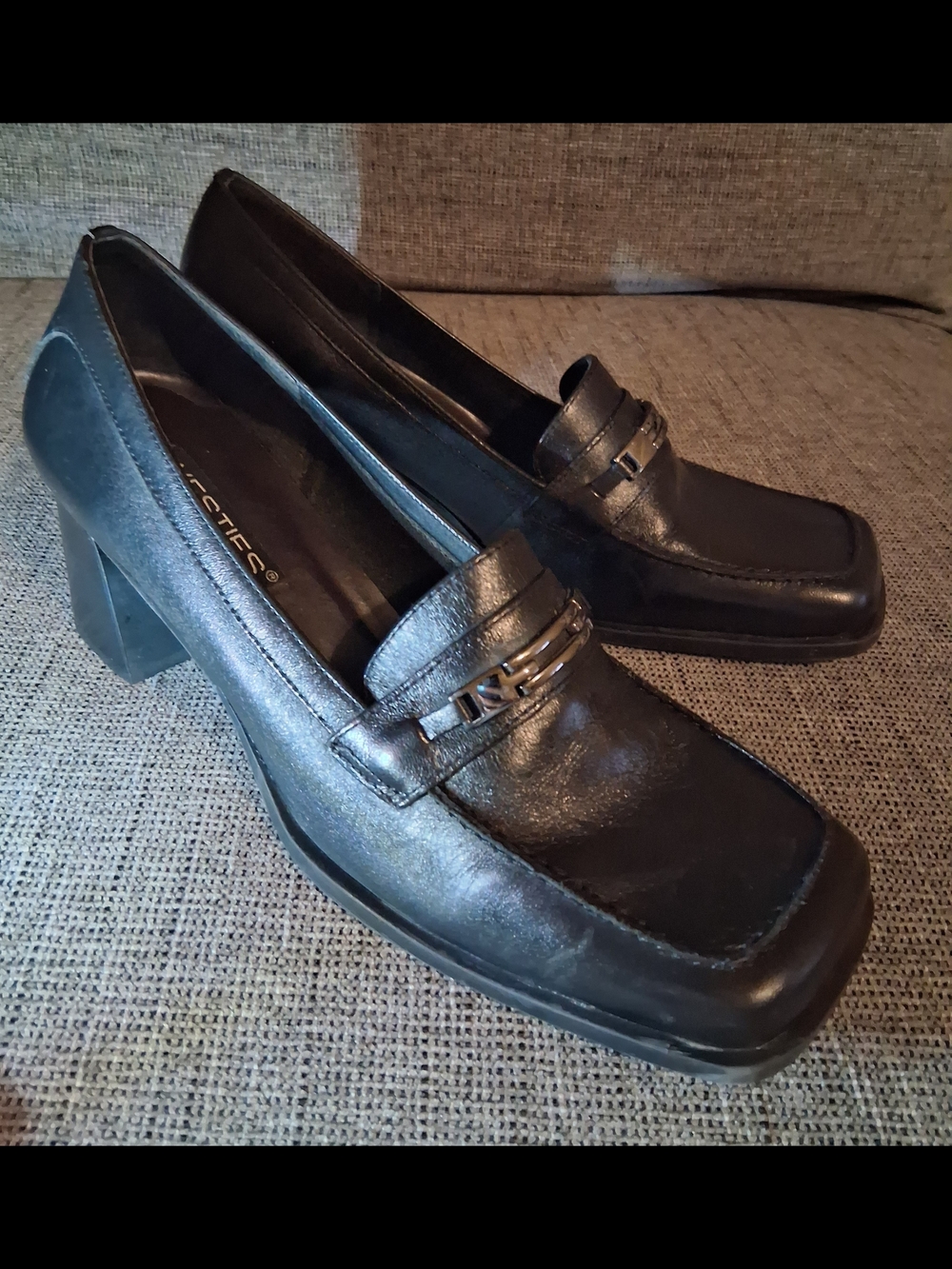 Black Women's Leather Loafers with Block Heel